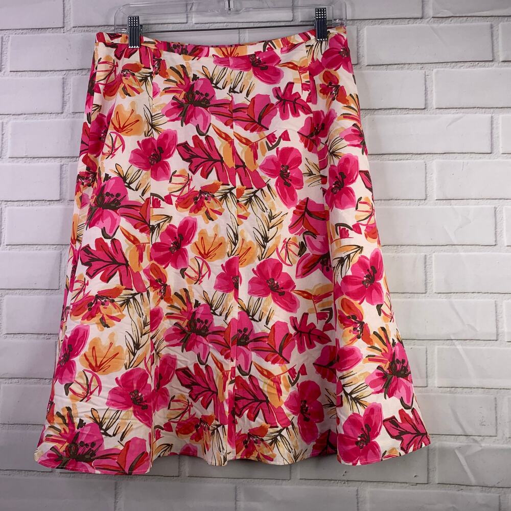 Sigrid Olsen midi skirt floral pink white rayon cotton poplin summer size 8